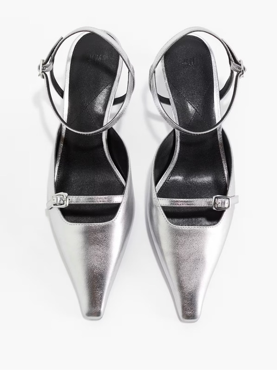 H&M Shoes - H&M Faux leather Silver metallic Pointed-Toe Ankle-Strap Women kitten heel Pumps